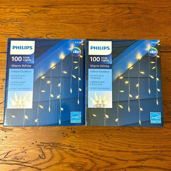 Philips LED 100 Icicle Lights Warm White Set of 2 Boxes NWT - Picture 1 of 9